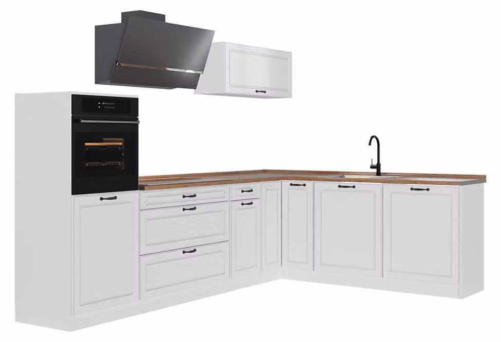Cucina angolare completa Vicco R-Line Bianco country/Bianco 287 x cm piano di lavoro Rovere dorato, Model 68215