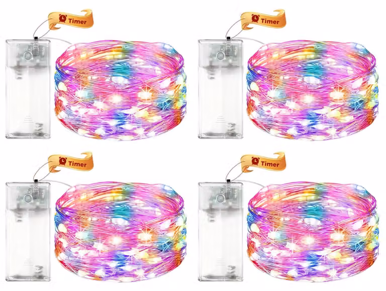 Set di 4 catene luminose a LED, lunghezza 2 metri, 20 LED, multicolore, con timer, alimentate a batteria