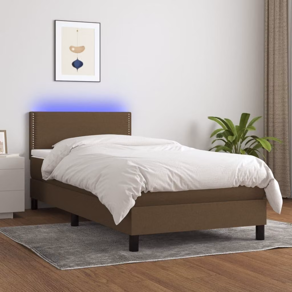 The Living Store Letto a molle con materasso e LED in tessuto marrone scuro 100x200 cm