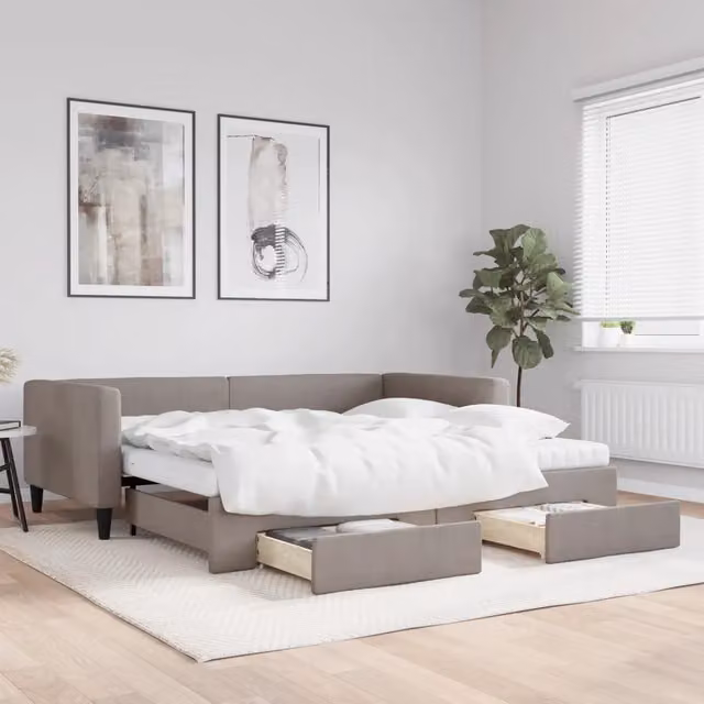 Divano Letto Estraibile con Cassetti vidaXL in Tessuto Beige o Grigio per Soggiorno e Camera da Letto L/P/H: 223 x 110 x 68 cm, Dimensioni Letto: 100 x 200 cm – 1