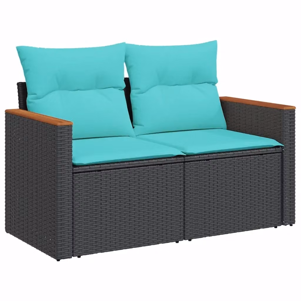 Divano da giardino Design Mania a 2 posti in polyrattan nero con cuscini blu L: 124 cm, P: 69 cm, H: 62 cm – 2