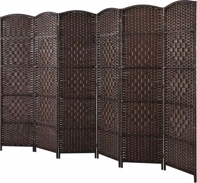 Divisori per ambienti a 6 pannelli alta 180 cm in rattan-Paravento-Schermo pieghevole per privacy con cornice in legno naturale Marrone