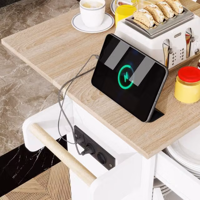 Isola da cucina mobile Zephmum bianca con ripiano pieghevole, cassetto e ripiani, L: 90 cm, P: 60 cm, H: 38 cm