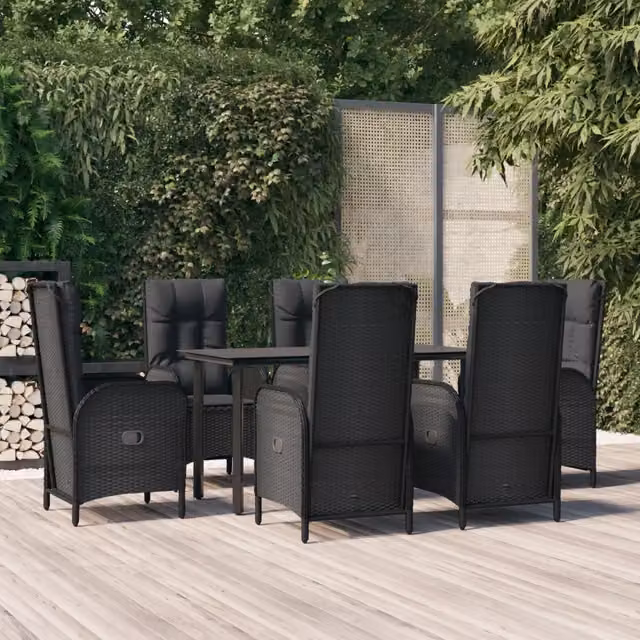 Set da Pranzo da Giardino Moderno VIDAXL in Polyrattan Nero con Tavolo in Vetro e 7 Sedute