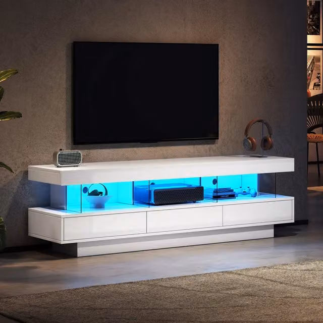 Mobile TV MIVRAY bianco lucido con 3 vani in vetro e illuminazione LED Bluetooth, adatto per TV fino a 70 pollici, L: 160 cm, P: 38 cm, H: 50.5 cm