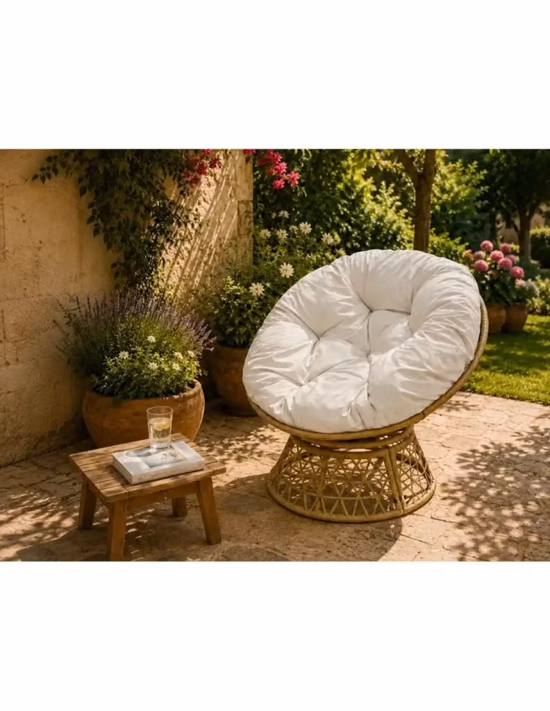 Poltrona da giardino Meublorama in resina intrecciata beige con cuscino grigio, L: 96 cm, P: 85 cm, H: 80 cm – 2