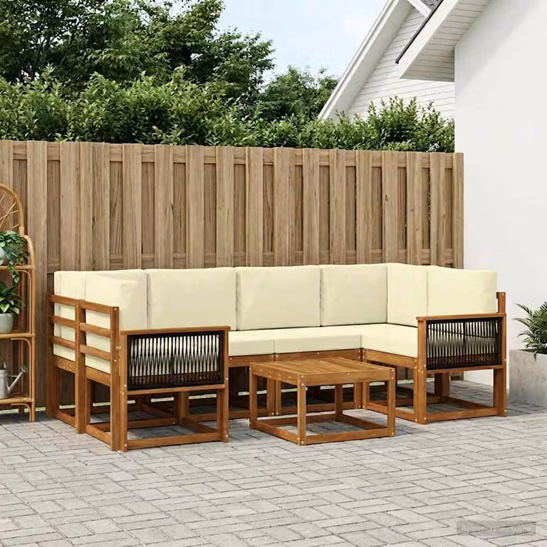 vidaXL Set di divani da esterno a L in legno di acacia con cuscini, 5 pezzi, Beige, Bianco e Marrone