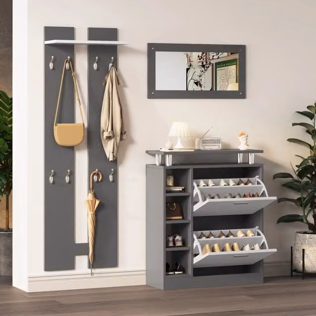 Set guardaroba da parete 80x25x96,5 cm con specchio, 2 pannelli, mensola e scarpiera. Corpo grigio antracite opaco. Mobile per ingresso.