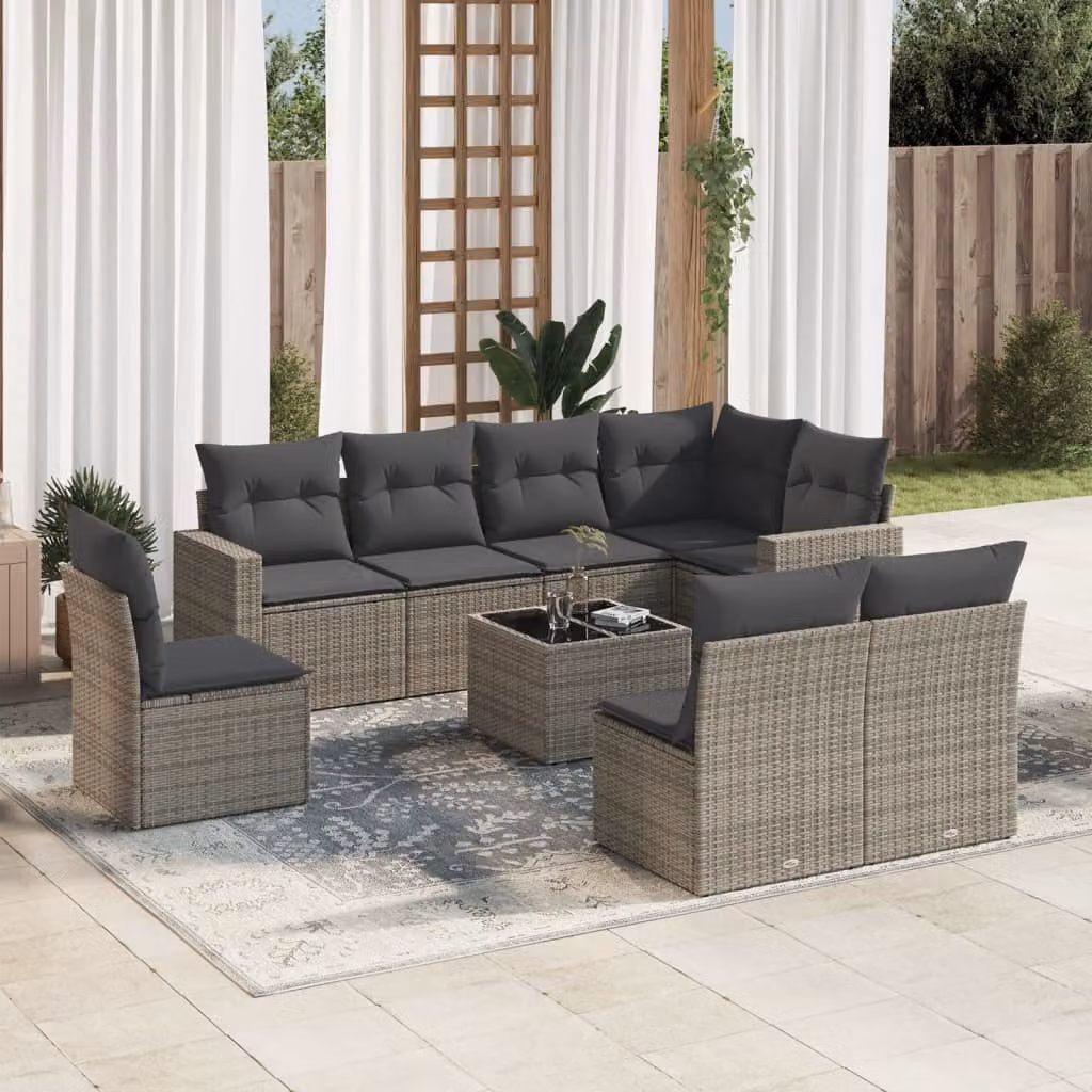 vidaXL Set Divano da Giardino 9 pz in Polyrattan Grigio con Cuscini e Tavolino da Esterno – 1
