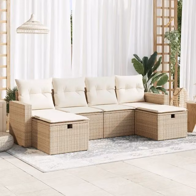 Set Divano da Giardino a L vidaXL in Polyrattan con Cuscini Beige e Struttura in Acciaio, 6 Pezzi