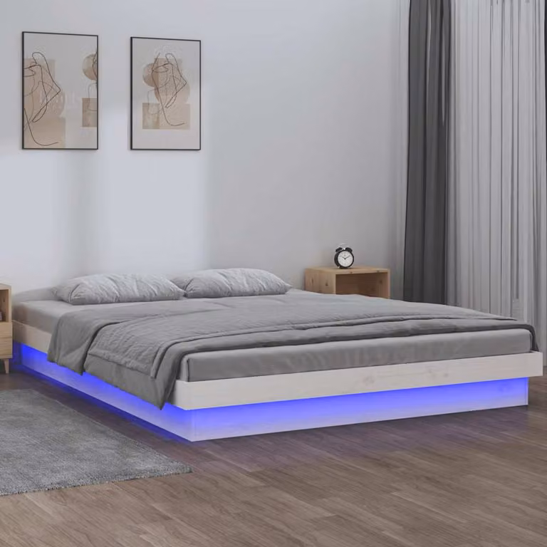 vidaXL Giroletto in Legno di Pino Massello con Illuminazione LED e Porta USB, Bianco, L 120 x P 200 cm