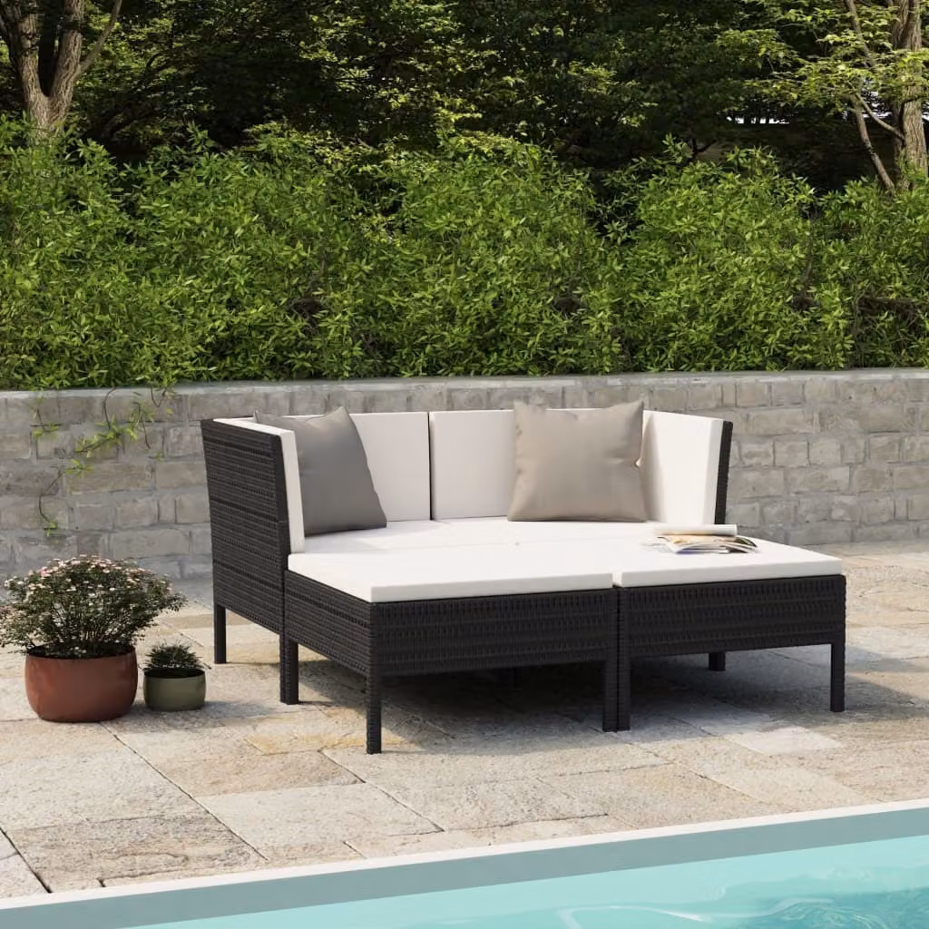 The Living Store Set salotto da giardino 4 pezzi con cuscini in poly rattan nero