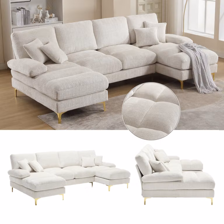 LVHOM Divano angolare a U, set di divani con gambe in metallo dorato, divano da salotto set di divani angolari, 4 posti, 272x88x136 cm, beige