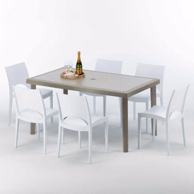 Tavolo rettangolare in polyrattan con 6 sedie colorate 150x90 Beige Marion