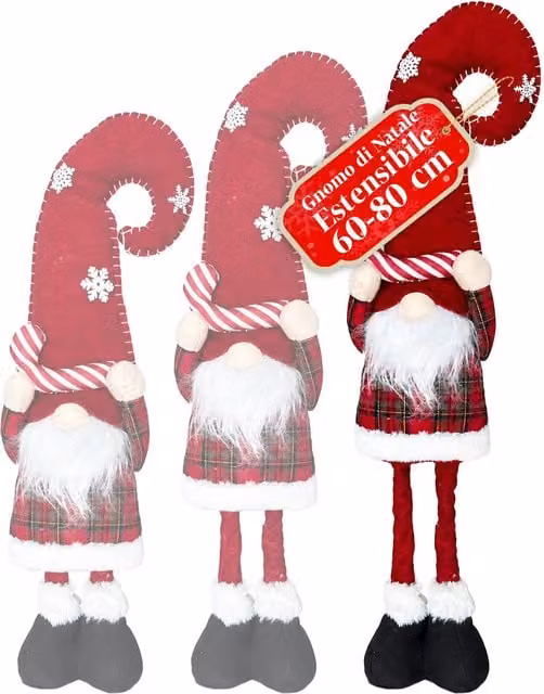 Gnomo di Natale Estensibile Saint Joy con Cappello Rosso e Fiocchi di Neve, Soprammobile da Tavola in Tessuto Tartan e Metallo, Altezza: 80 cm