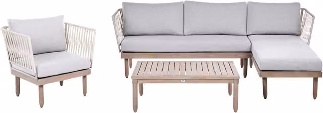 Set Lounge da Esterno Beliani in Legno di Acacia con Cuscini Grigi e Tavolino, Composizione a L per 4 Persone