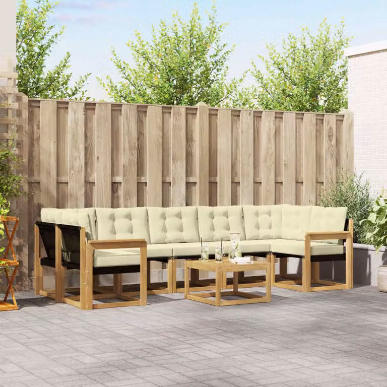 Set di divani da esterno vidaXL 8 pezzi in legno di acacia con cuscini, colore bianco, beige e marrone