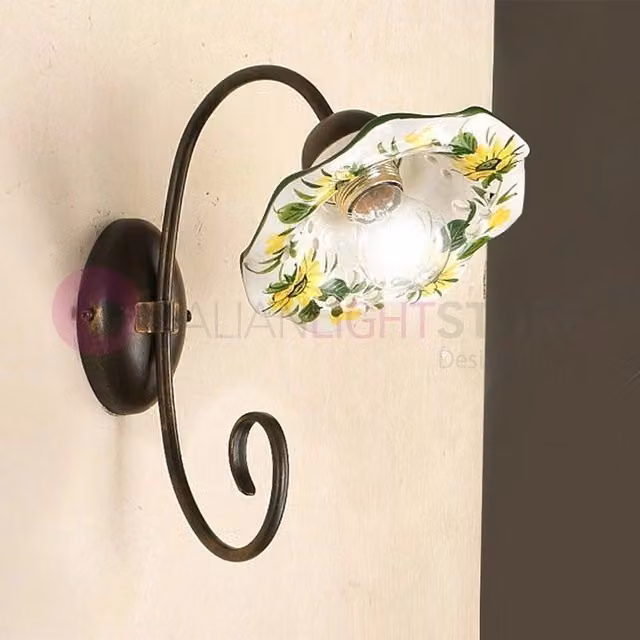 Applique Singolo GIRASOLE Ceramiche Borso in Ferro Battuto e Ceramica Multicolore Stile Rustico Country