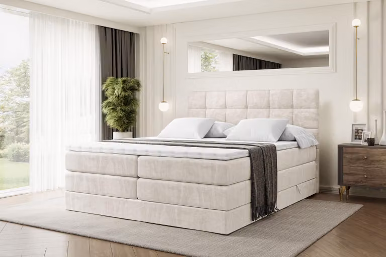 Letto boxspring ALTDECOR con materasso e rete a doghe - BRUGO KING - 160x200 cm - Velluto beige - Topper, letto imbottito con contenitore, letto con vano portaoggetti H3 e H4 - Materasso, letto matrimoniale, letto boxspring