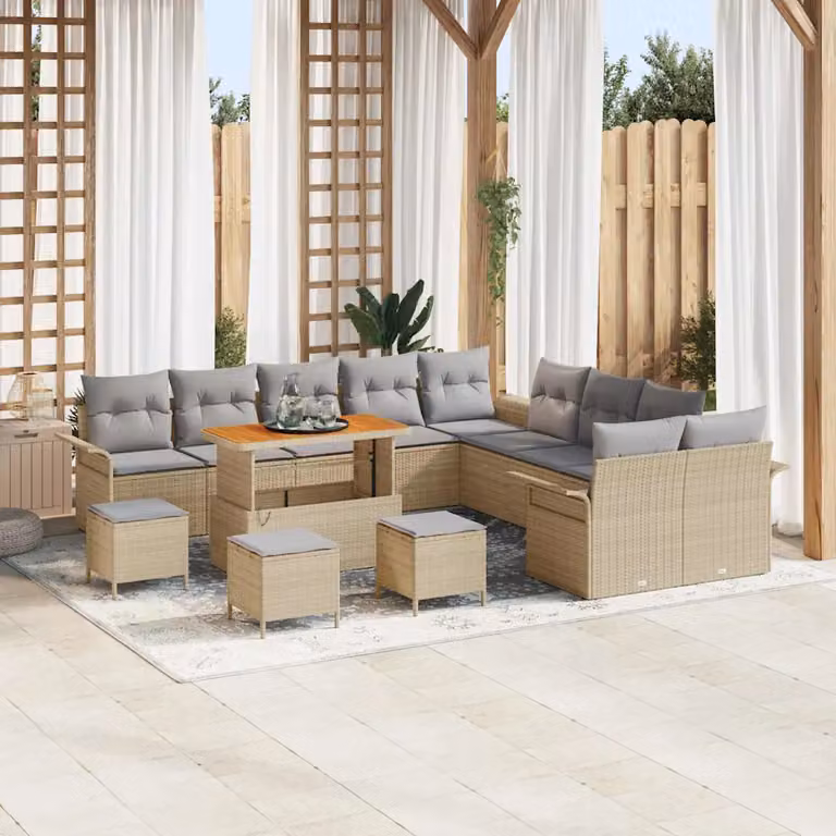 Set Divano da Giardino vidaXL 14 Posti con Tavolino e Pouf in Metallo e Tessuto Beige e Grigio