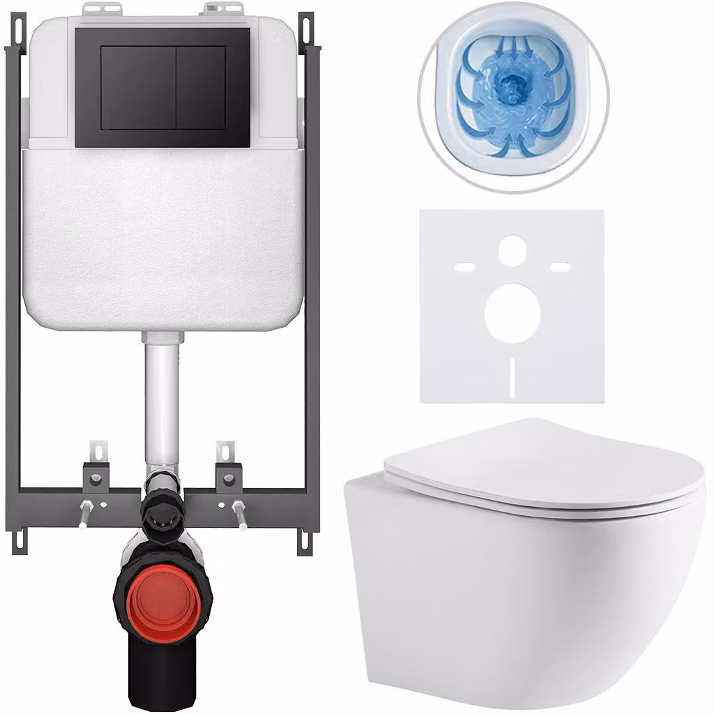 Set completo per WC a pavimento "Cesso", colore bianco opaco, pulsante nero "Prime/Maxio", da incasso, dimensioni 49x36 cm