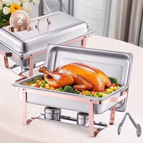 Set di 2 Scaldavivande a Buffet VEVOR da 7,5 L con Pentole e Coperchio, Distributore di Calore Rettangolare in Acciaio Inox Oro Rosa per Ristorazione