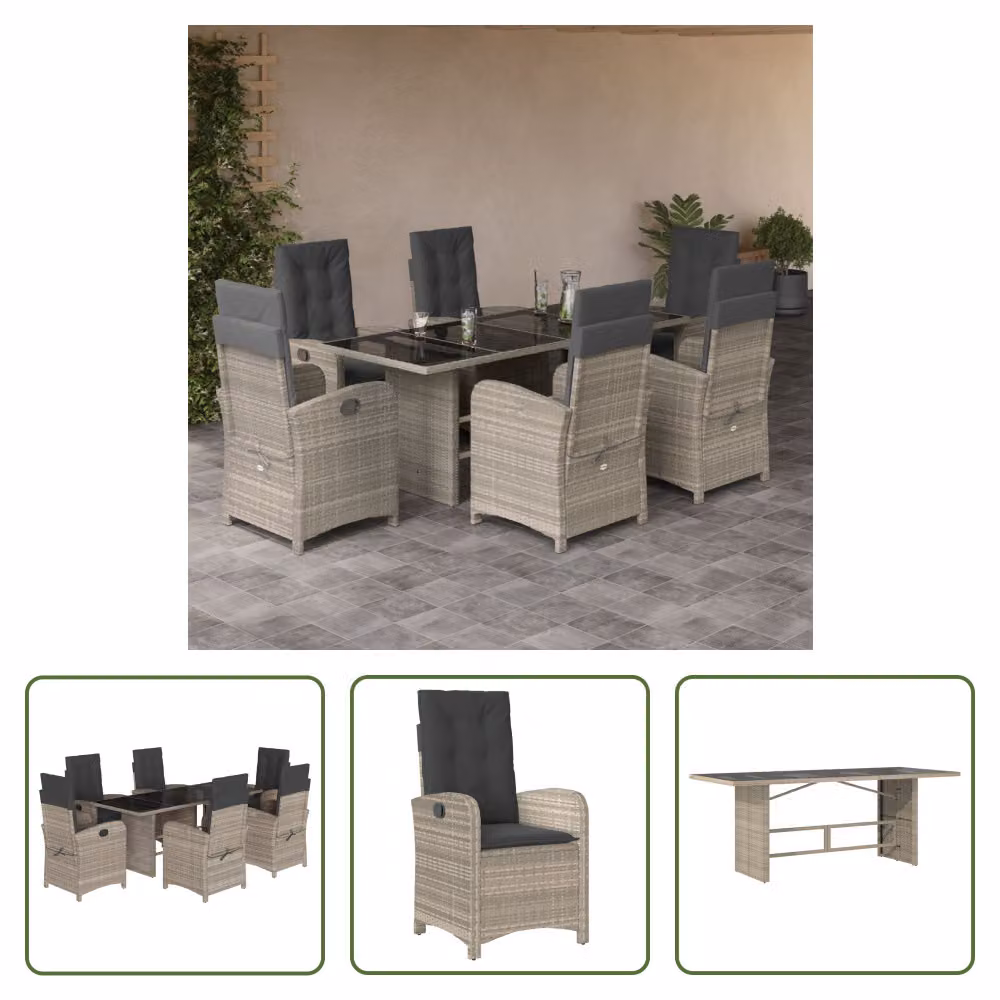 The Living Store Set da pranzo da giardino 7 pezzi con cuscini in poly rattan grigio chiaro