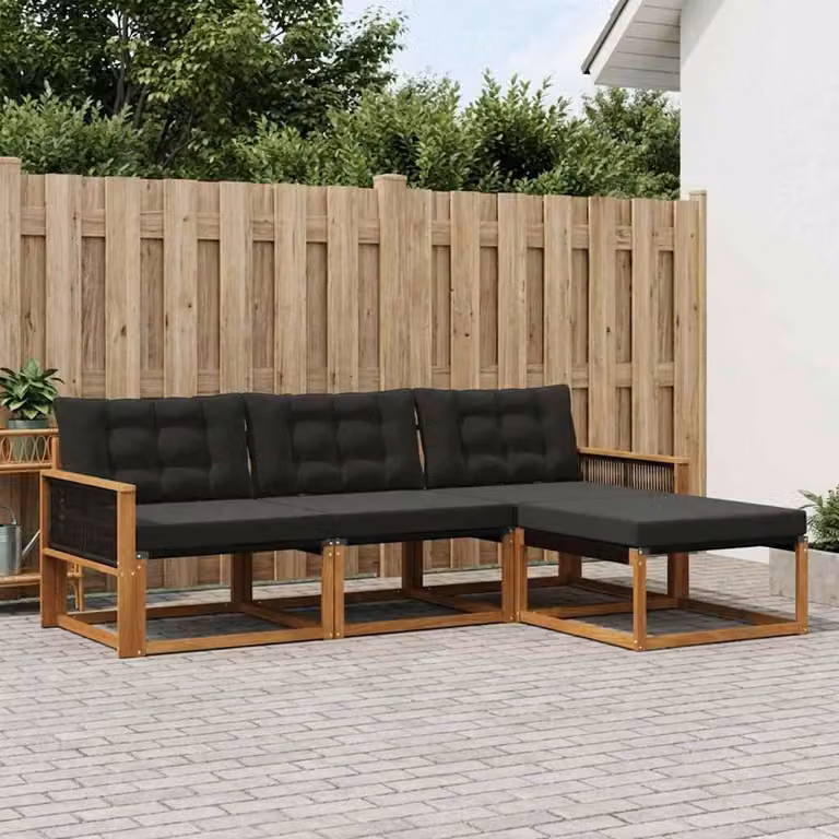 Set di divani da esterno vidaXL 4 pz in legno di acacia con cuscini e pouf, colore marrone e nero