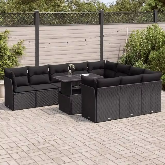 Set di divani da giardino vidaXL composto da 11 pezzi con cuscini in polyrattan nero