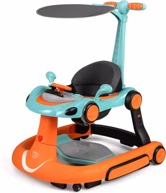Camminatore 6-in-1 per bambini con tenda, dondolo, altalena e funzioni musicali con luci, modello macchinina arancione per 7-18 mesi