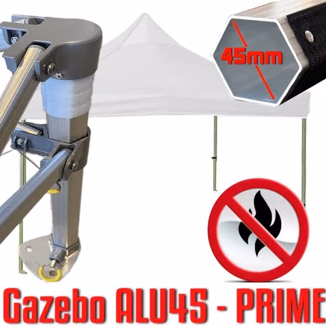 Gazebo 3x3 m bianco certificato IGNIFUGO SENZA laterali pieghevole alluminio piantone esagonale 45mm portatile estendibile richiudibile estensibile acciaio per fiere eventi stand chiosco tenda tendone mercato mercatino