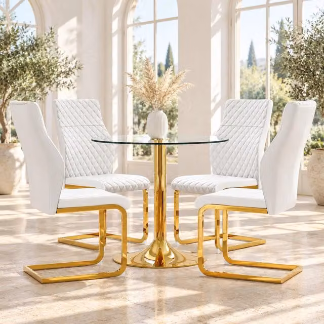 Set tavolo e 4 sedie da pranzo Mivray con tavolo rotondo in vetro temperato trasparente e sedie in bianco e oro stile glamour