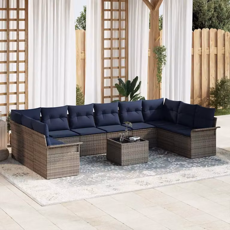 Set Divano da Giardino vidaXL 11 pz a forma di U in Polyrattan Grigio e Blu con Cuscini e Tavolino da Esterno