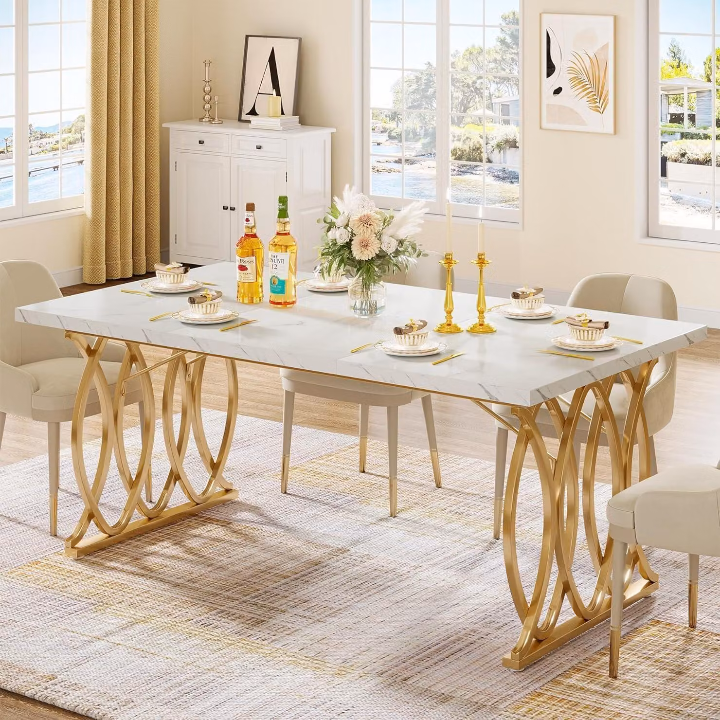 Tavolo da pranzo rettangolare, dimensioni 160 x 80 cm, bianco/oro, per 4-6 persone