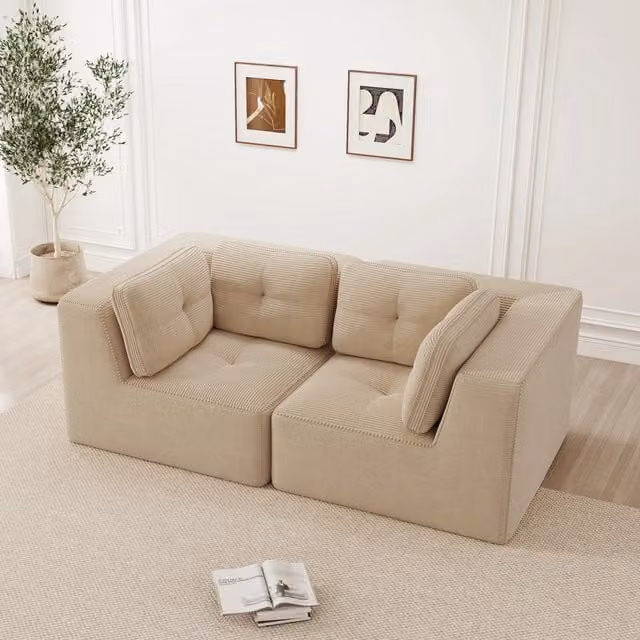 Divano angolare modulare WISHDOR in tessuto velluto a coste beige con design configurabile e seduta profonda