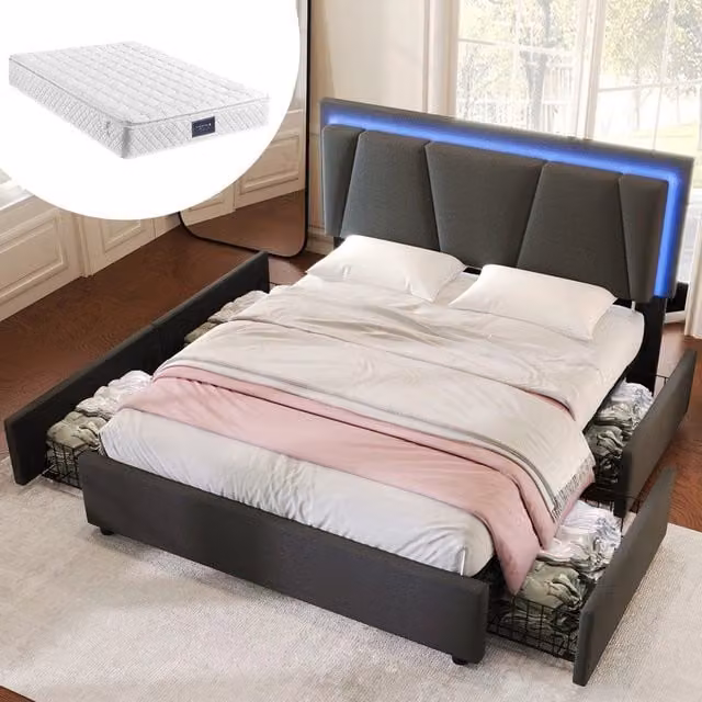 Letto Contenitore Imbottito con LED e 4 Cassetti ¨C Xylo ¨C Grigio 160x200, Testiera Regolabile, Rete a Doghe in Legno