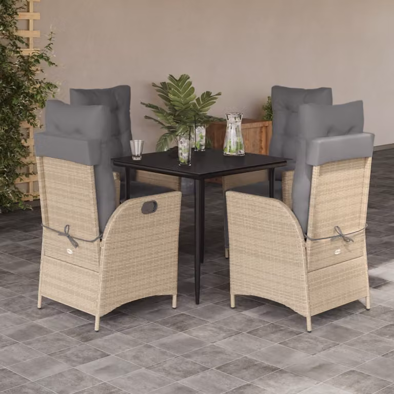 Set Pranzo da Giardino vidaXL in Polyrattan con Cuscini Beige Misto e Tavolo in Vetro per 5 Persone