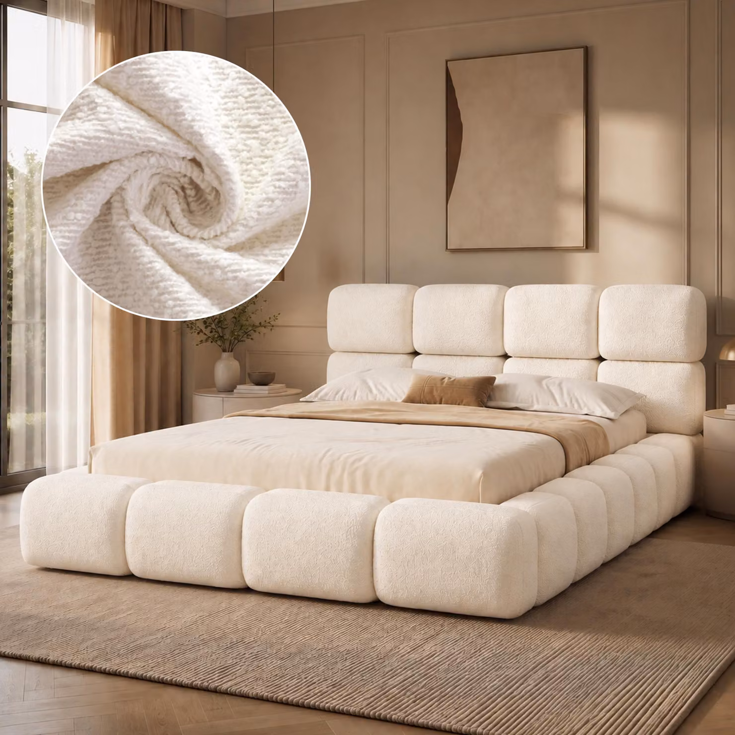Letto imbottito Flieks, 160x200 cm, con rete a doghe, letto a una piazza trasformabile in letto a due piazze, con testiera imbottita, stile classico, colore bianco