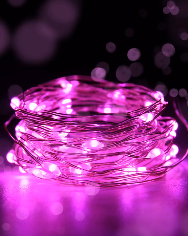 Catena luminosa a LED, 3 metri, 30 LED, filo di rame, rosa, per interni ed esterni