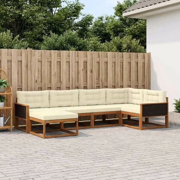 Set di divani da esterno vidaXL a forma di L in legno di acacia con cuscini, 6 pezzi, Beige e Bianco