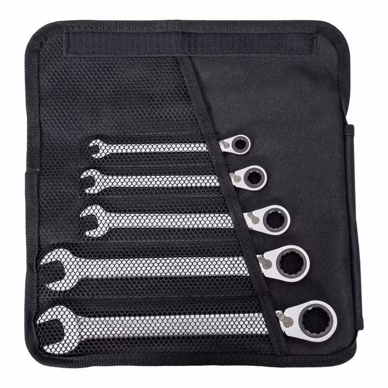 Set di chiavi a cricchetto aperte STIER, set di 5 pezzi, larghezza chiave 8 - 19 mm, funzione reversibile, meccanismo a cricchetto a denti fini, 72 denti, in pratica borsa arrotolabile