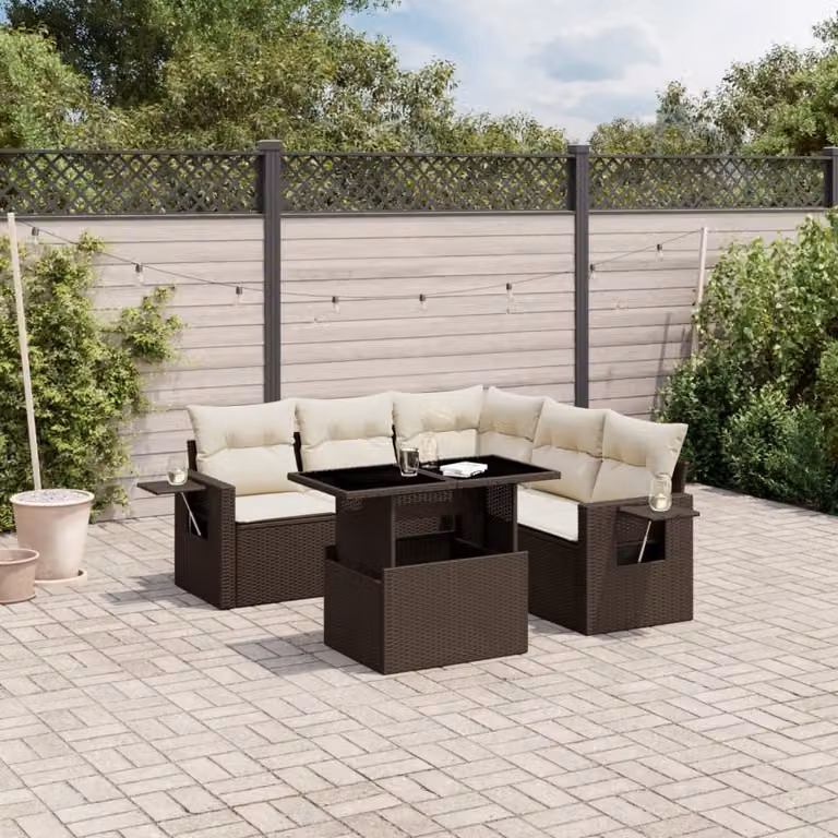 vidaXL Set Divano da Giardino 6 pz a Forma a L in Polyrattan Marrone e Bianco con Cuscini Imbottiti e Tavolino
