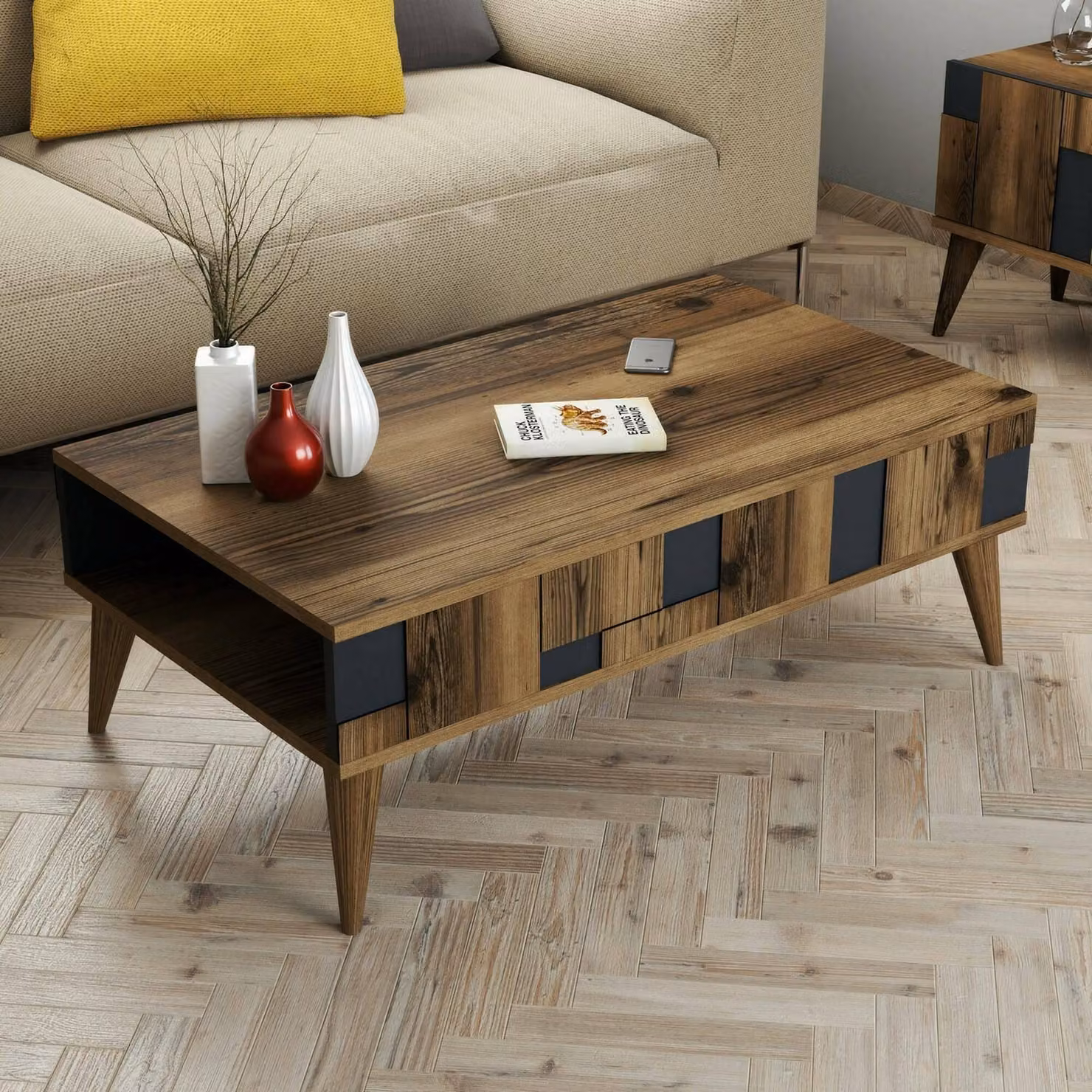 Dmora Tavolino da Salotto Yang 60x105x37.6h cm Nero Antracite, un Vano Portariviste