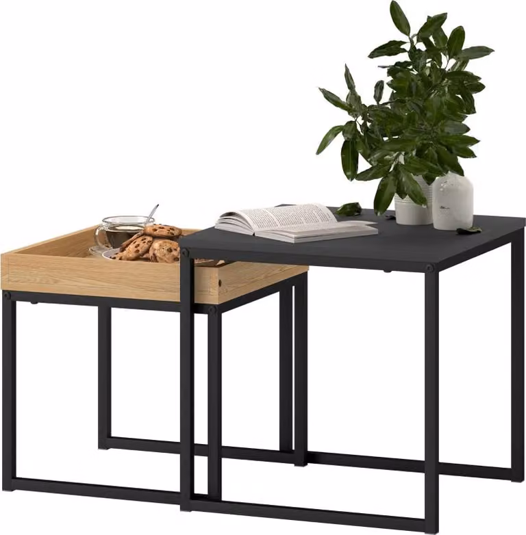 Set di due tavolini Moonbite, impilabili, dimensioni 45 x 45 cm e 40 x 40 cm, forma quadrata, con vassoio rimovibile, struttura in acciaio a forma di U, piano in MDF e acciaio, colore nero