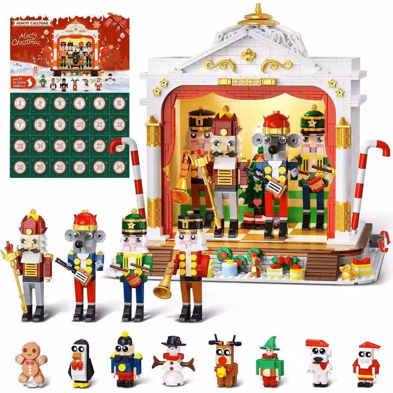 Calendario dell'Avvento a tema giocattoli da costruzione, con luci, 24 giorni, 12 minifigure