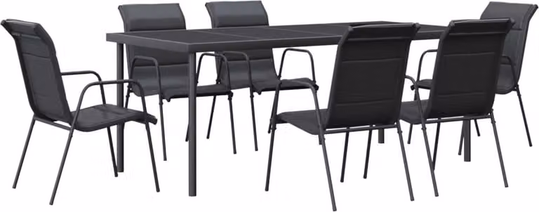 Set da Pranzo da Giardino 7 pz Nero in Acciaio e Textilene
