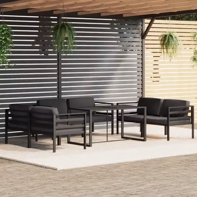 Set da giardino moderno vidaXL composto da 7 pezzi con divani a L, tavolino da caffè e cuscini in tessuto color antracite con struttura in alluminio verniciato a polvere – 1