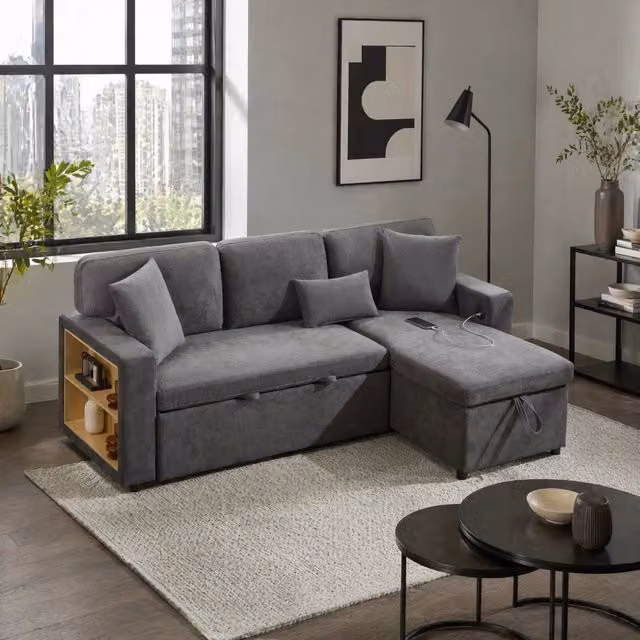 Divano letto angolare reversibile 214x131x87 cm con USB; contenitore e 3 cuscini; grigio scuro