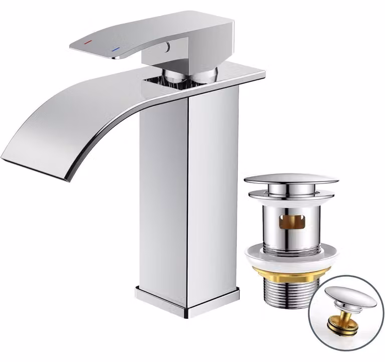 FORIOUS Rubinetto Bagno con Scarico, Miscelatore Monocomando Cascata per Lavabo, Cromo Lucidato, Altezza 110mm