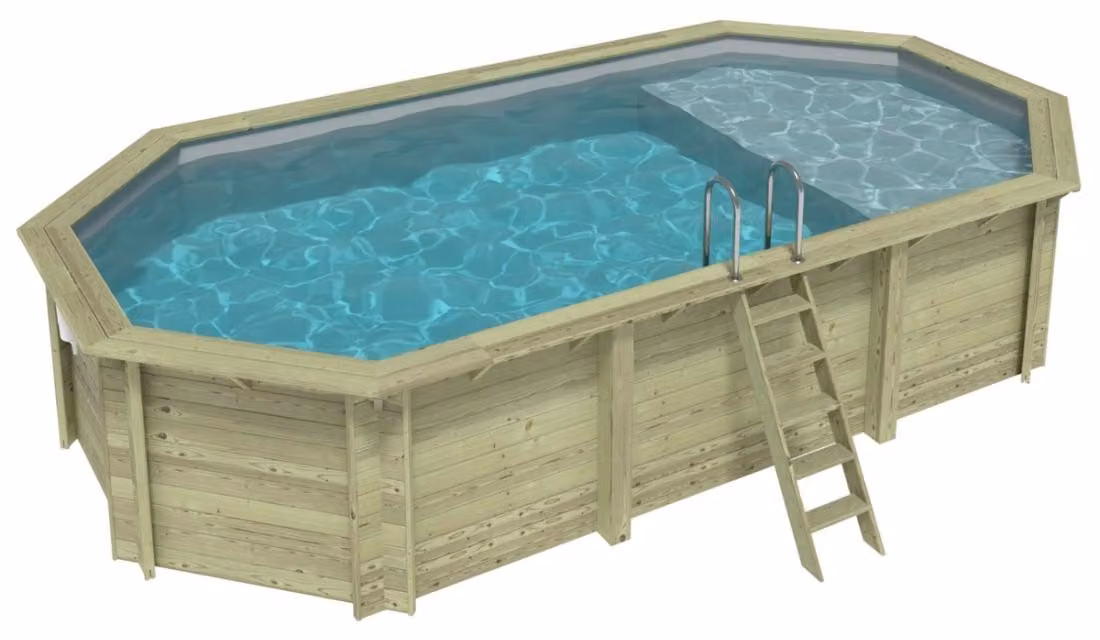 Piscina in legno NEMO 7.3 x 3.97 – H.1.45 m con spiaggia, grigio, con supporti da cementare